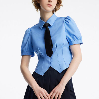 Blue Puff Sleeve Crop Shirt With Tie